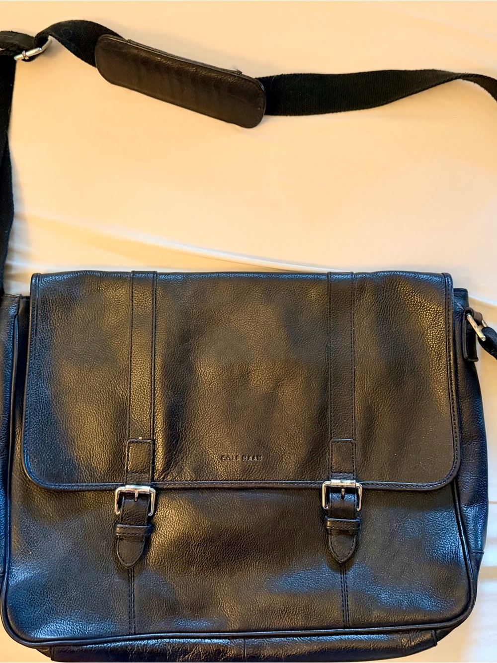 Cole Haan Black Leather Messenger Bag with Buckle Straps